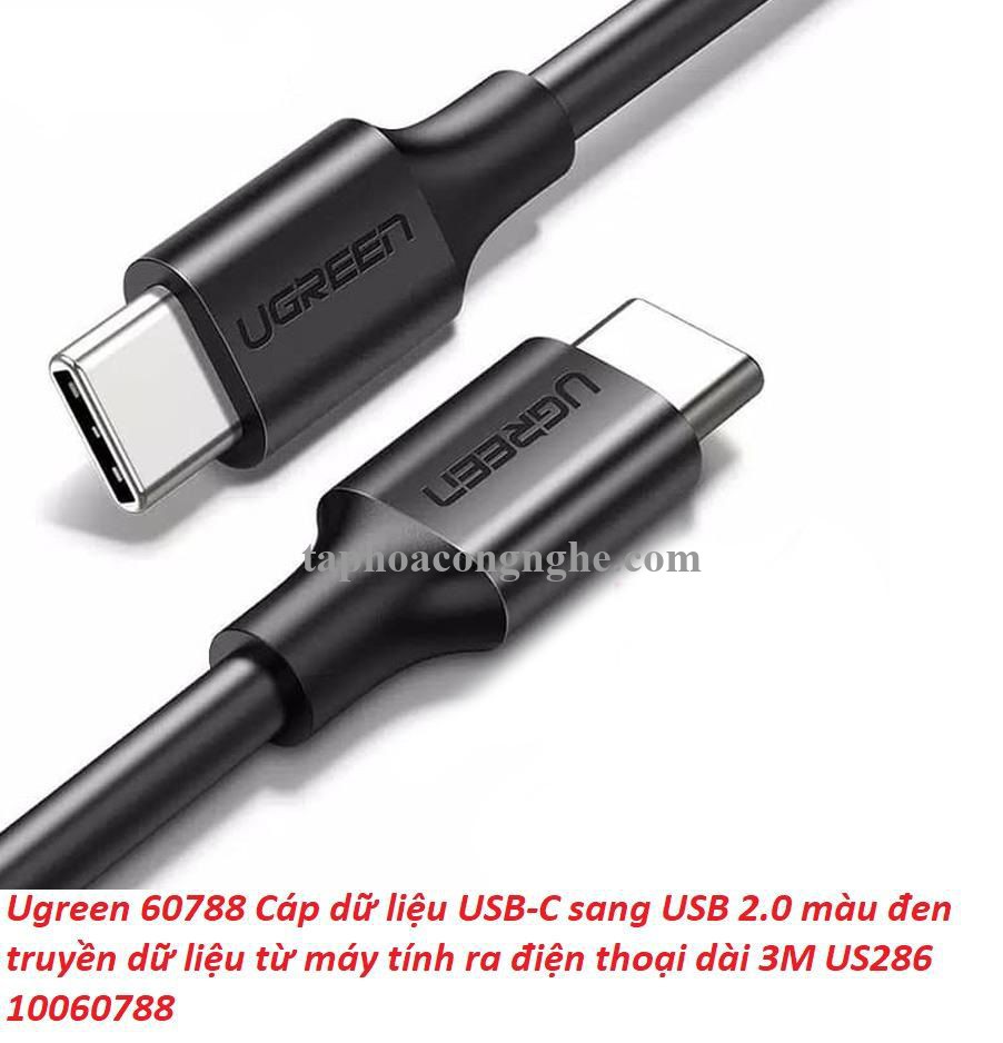 Ugreen 60788 3M 60W usb type C 2.0 cáp sạc và truyền dữ liệu màu đen từ máy tính ra điện thoại US286 30060788